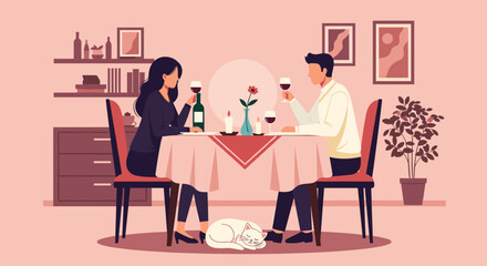Fototapeta premium Couple enjoys a romantic candlelit dinner at home with glasses of red wine while a white cat sleeps peacefully under the dining table.