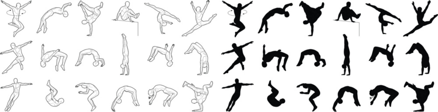 Acrobatic Human Silhouette Collection with Outline Figures for Gymnastics Dance and Motion Vector Set