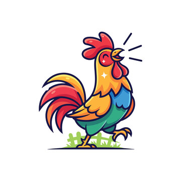 Colorful cartoon rooster crowing with a happy expression.
