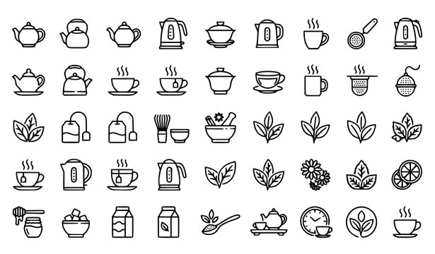 Tea Brewing and Cafe Culture Icon Set Featuring Teapots Kettles Cups Teabags Leaves Matcha Whisk and Honey Symbols in Outline Vector Style