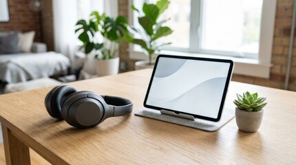 Fototapeta premium Desk Setup: Headphones, Tablet, and Succulent Plant