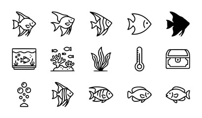 Aquarium and Tropical Angelfish Icon Set Featuring Fish Tanks Coral Reef Seaweed Thermometer Chest and Bubble Symbols in Outline and Glyph Vector Styles © MdRifat