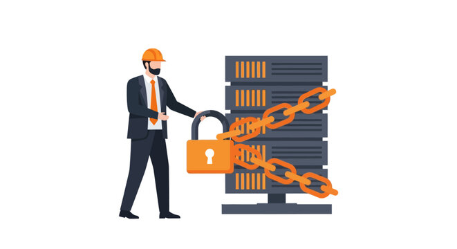 Cybersecurity Expert Securing Data Server with Chain and Padlock - Network Data Protection and Information Security Concept