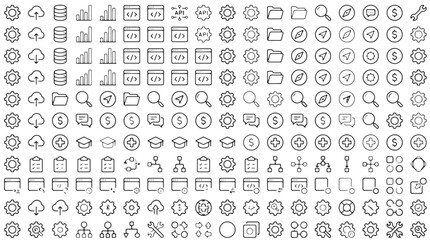 Fototapeta premium 100 icons, line style web interface elements, business symbols, gray