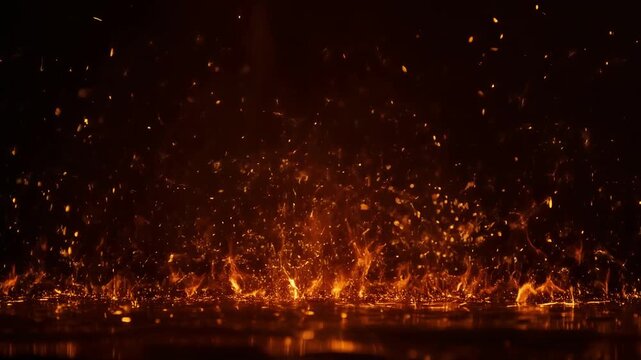 Fiery sparks erupting against a dark background with a subtle golden orb during a dramatic cinematic display