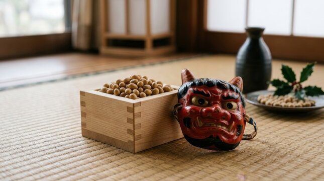 Japanese Festival Offerings: Oni Mask and Lucky Beans