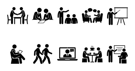 Fototapeta premium Set of Business Meeting and Office Work Icons Featuring People in Various Professional Scenarios