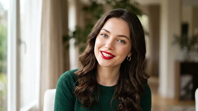 Woman with red lipstick smiling warmly indoors near window