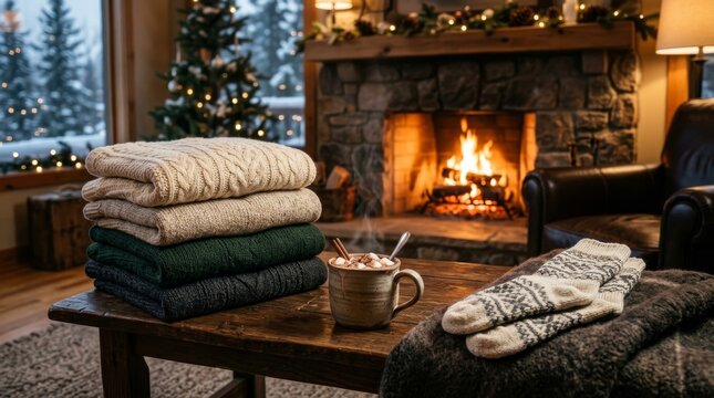 Cozy Winter Home Scene by the Fireplace