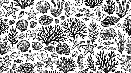 Hand drawn marine life pattern with seashells starfish coral and seahorses in monochrome for graphic design backgrounds © Ishtiaq