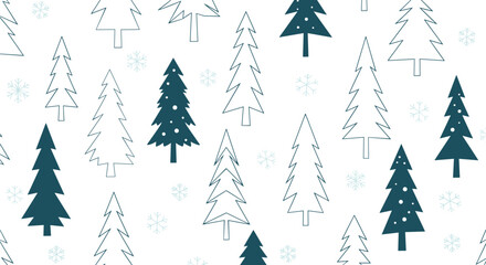 Obraz premium Seamless pattern with stylized dark blue pine trees and white snowflakes for winter season and christmas holiday backgrounds.