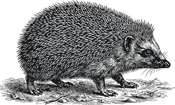Hedgehog climbing textured tree bark during daytime with detailed fur and spines in a vintage engraving style