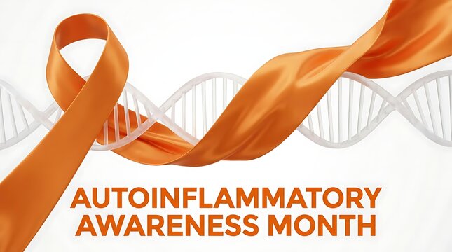 Autoinflammatory awareness month design with orange ribbon and dna strand on white background representing genetic research support health education charity campaign illustration.