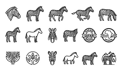 Zebra Safari Wildlife Animal Icons Collection with Nature Elements Hand Drawn Outline Vector Set © Keyapayal
