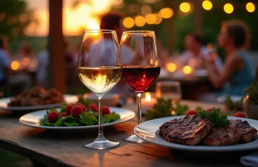 Naklejka premium Outdoor dinner party with wine and grilled steaks. Friends gather at twilight for a meal with salad and dessert. Soft lights twinkle and bokeh creates a warm festive atmosphere for celebration.