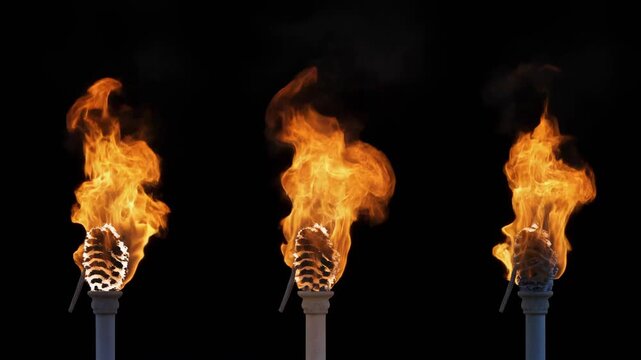 Gas flare burning with dynamic orange flames against a dark background in a cinematic style