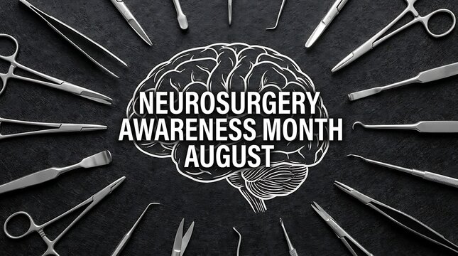 Neurosurgery awareness month august banner with brain line art sketch surrounded by stainless steel medical surgical instruments isolated on dark textured background for clinic display.