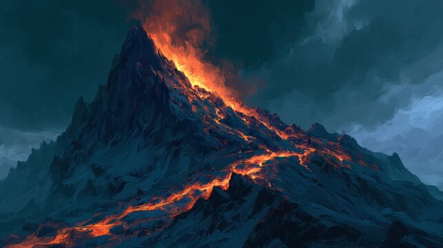 Molten rock glows through cracks on volcano. Pressure builds as dark clouds surround the mountain, signifying an imminent eruption event.