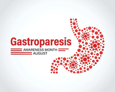 Gastroparesis awareness month august graphic with stomach made of red dots and text message awareness month august.