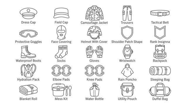 Collection of military and tactical gear icons for soldiers field equipment and survival.