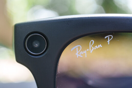 Dusseldorf, Germany - July 10 2026: Close up of the Ray-Ban Meta Wayfarer camera integrated into the smart glasses frame