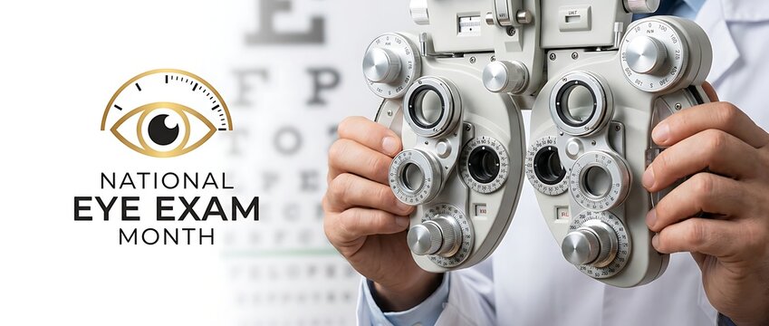 Ophthalmologist with phoropter eye exam machine during vision test national eye exam month awareness campaign.