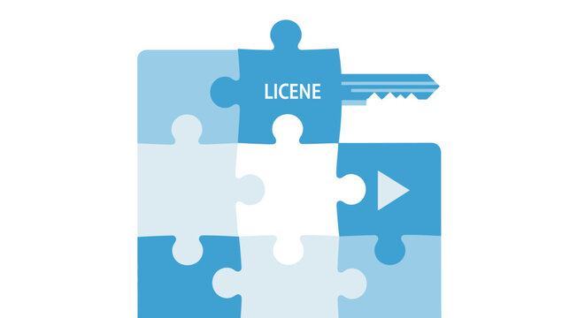 Digital Software License and Content Rights Concept with Puzzle Pieces and Key