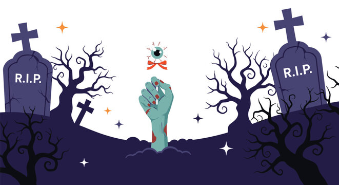 Spooky halloween illustration of a zombie hand rising from the ground in a cemetery with tombstones, bare trees, and a floating eyeball.