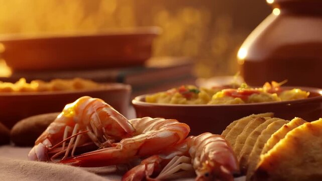 Golden oil pouring over plated shrimp beside crunchy chips and fried pastry with creamy dip bowls in warm backlit tabletop closeup, with shrimp, seafood, oil, pouring detail