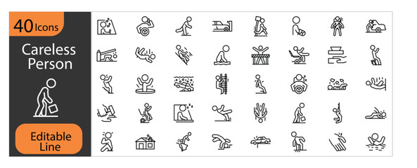 Naklejka premium Careless Person Line Icon Pack, Human Error, Workplace Mistakes, Risk Management, Inattention, Safety Awareness, Editable Stroke, Pixel Perfect 