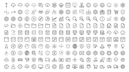 Fototapeta premium Vector icons set, 80 business and technology symbols, line style graphics, black and white illustrations