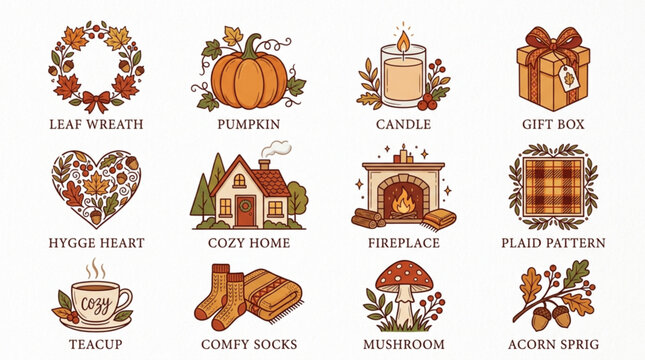 Autumn icons, fall illustrations, seasonal symbols, 16 vector graphics