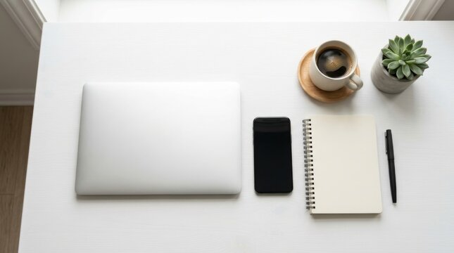 Modern Desk Setup: Laptop, Phone, and Coffee