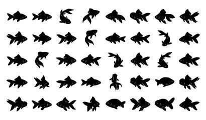 Fototapeta premium Goldfish Silhouette Collection Featuring Swimming Aquarium Fish in Various Poses Isolated on White Background