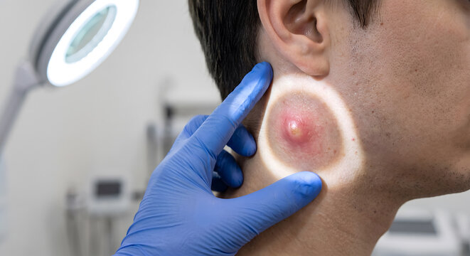 Examining skin abscess on neck of man close up, dermatology problem and health issue concept.