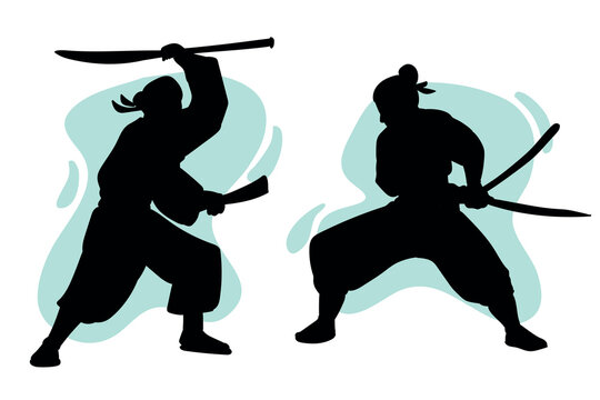 Ninja Sword Fighting Silhouette Vector, Martial Arts Warrior Combat Clipart