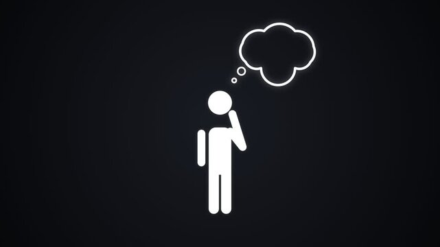 Stick figure standing and thinking with empty thought bubble on Black Background. 4K Video