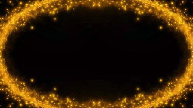 Shiny golden glitter particle oval border animation with glowing bokeh effect, glittering stars line glowing sparkle trail animation, abstract luxury ellipse frame overlay for black screen. 4k video