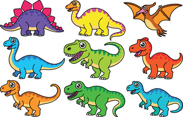 Cute Cartoon Dinosaur Vector Set with T-Rex, Stegosaurus, Pterodactyl and Brontosaurus, Colorful Prehistoric Animal Illustration Collection for Kids and Educational Design © MstLaily