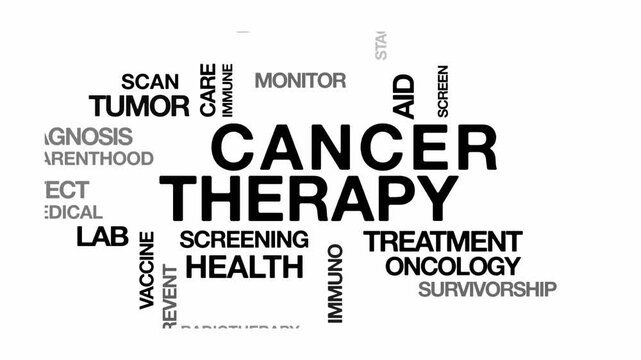 Cancer therapy concept Animated Tag Word Cloud kinetic typography, Text Design Animation typography seamless loop video motion graphics Intro Wordart arrangement black type on white background bg
