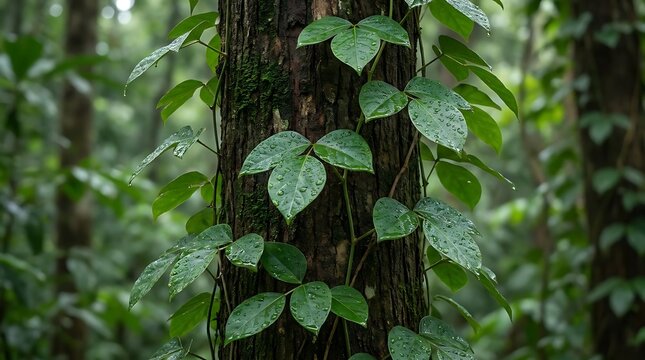 A close-up view of a butea superba climbing vine with lush green leaves and water droplets clinging to the textured mossy tree bark in a tropical forest