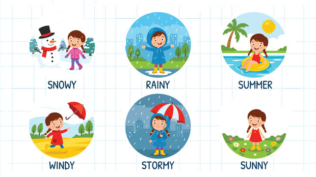 Educational Weather and Seasons Icon Set with Cute Cartoon Girl Character for Kids Flashcards School Activities and Elementary Science Worksheet Designs