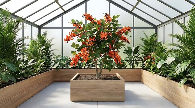A beautiful butea superba tree with vibrant orange flowers growing inside a modern minimalist greenhouse planter for botanical garden interior design