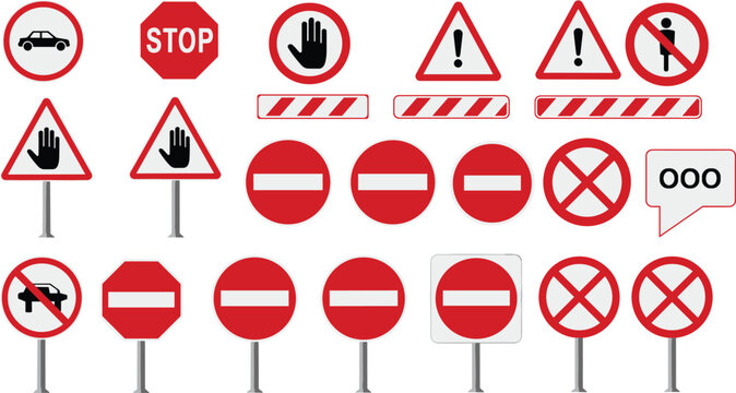 Traffic warning and prohibition signs vector set, stop and caution symbols, road safety regulation icons, red danger boards, isolated