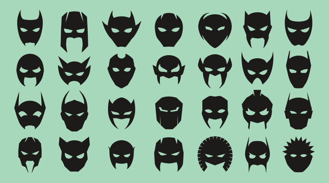 Collection of twenty-eight black superhero mask silhouettes, assorted comic book character headgear arranged in a grid on a pale green background