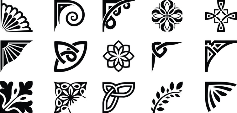 Collection of black and white decorative corner ornaments, floral motifs, and celtic knotwork patterns, set of fifteen on a white background