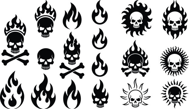 Collection of black and white featuring human skulls, crossbones, and stylized fire flames in various configurations