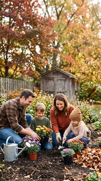 Young family planting seasonal flowers and preparing their home garden for autumn, COPY SPACE, sustainability and family lifestyle concept