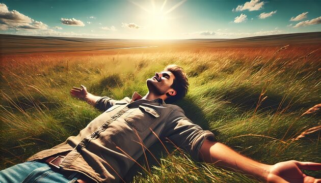 Free Man Relaxing in a Vast Meadow &ndash; Freedom, Life Change and New Beginning