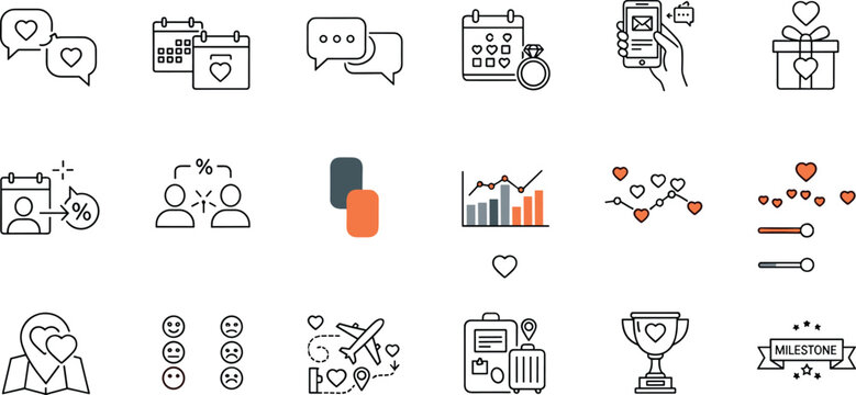 Set of flat line icons for relationships and milestones
